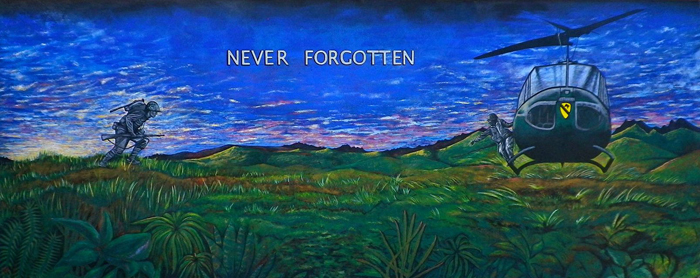 “Never Forgotten” mural by Jia Apple at Veterans Memorial Museum